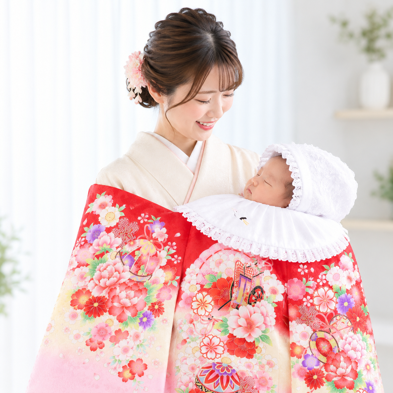【お宮参り産着レンタル】鮮やかな赤地に描く優美な御所車と華やかな花々 [IT-G25]